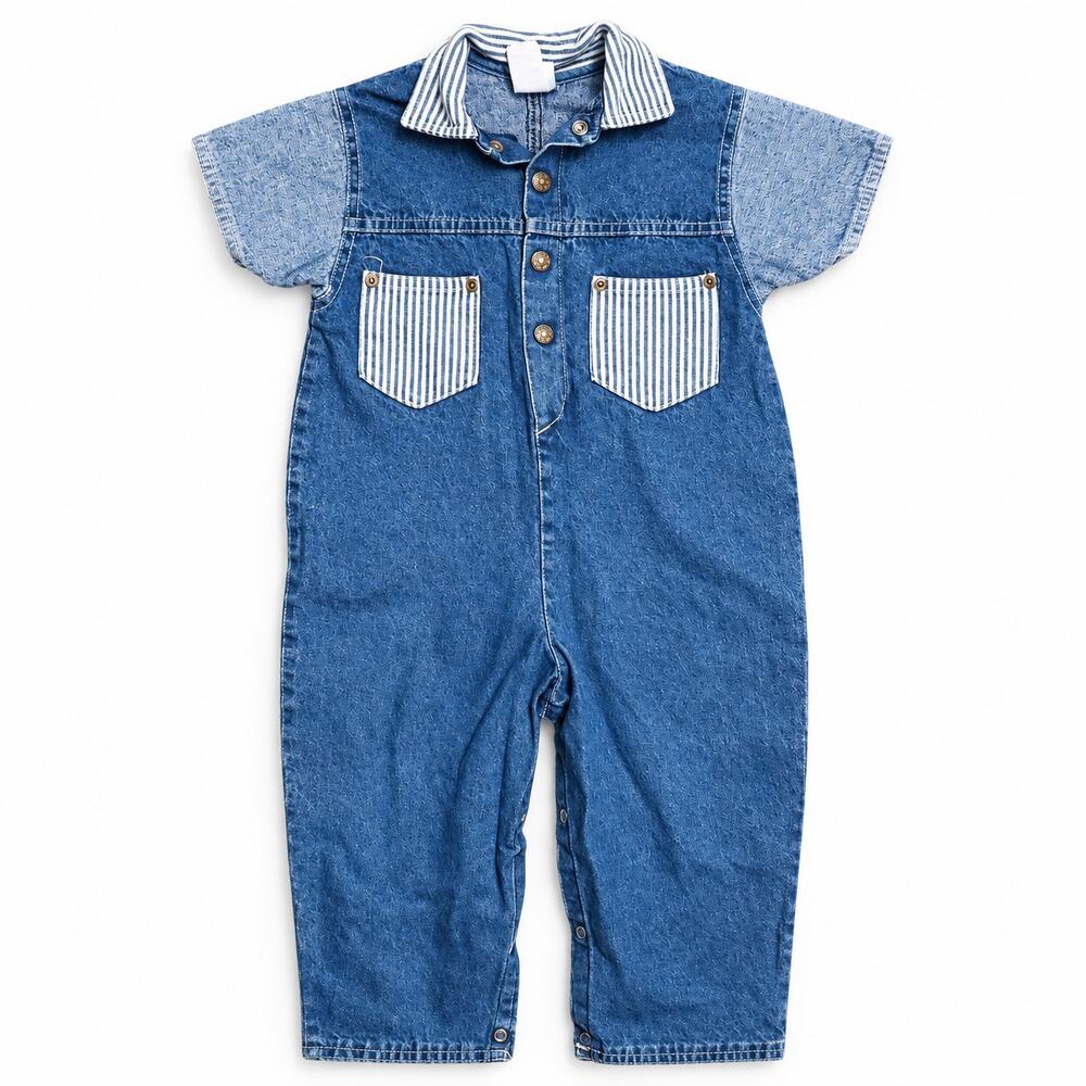 Vintage Buster Brown Toddler Denim Romper 24M Railroad Stripe Snap Crotch